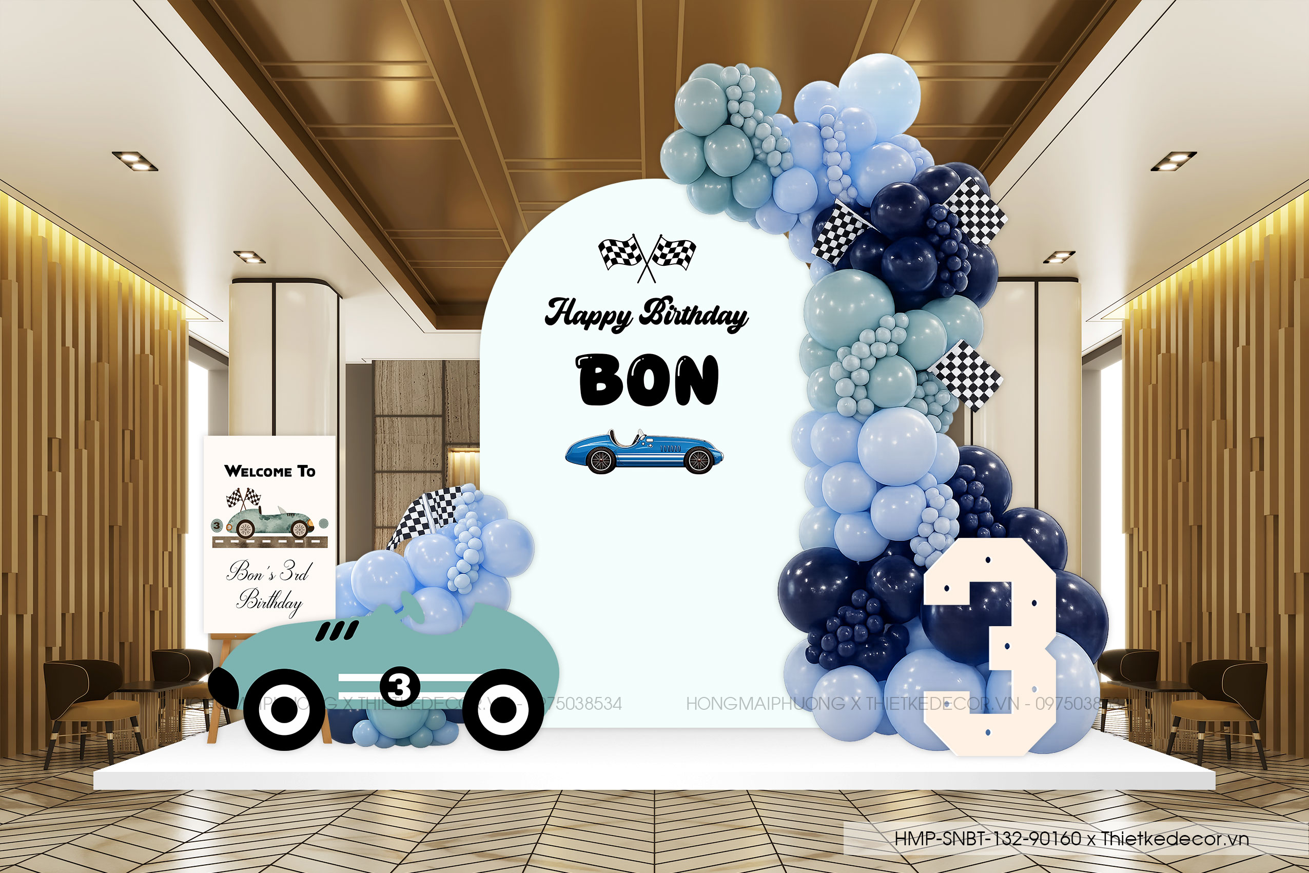 File thiết kế decor trang trí tiệc sinh nhật bé trai mê xe mix bong bóng cute dễ thương đáng yêu tone xanh